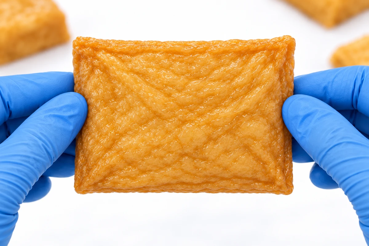 Blue food-safe gloves holding a flat rectangular Seasoned Inari Tofu Pocket in the 8 by 6 centimetre format
