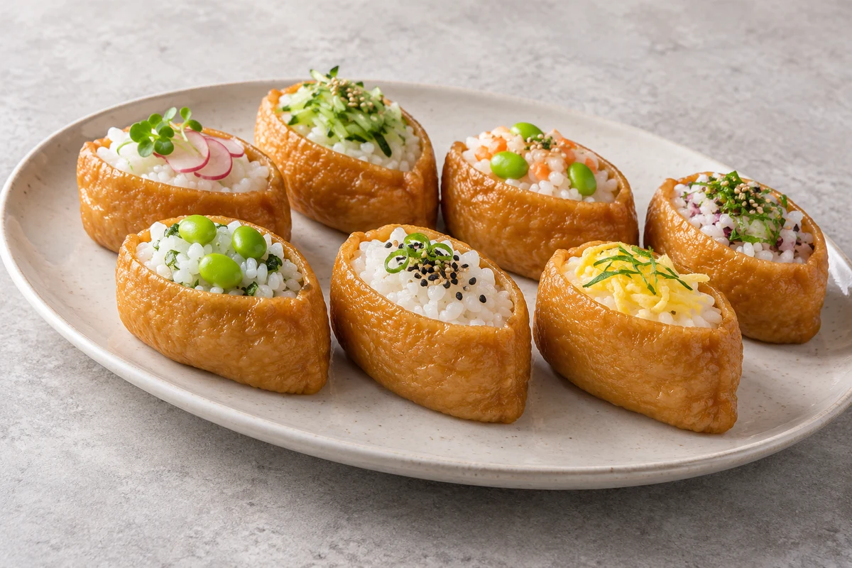 Seasoned Inari Tofu Pockets filled with sushi rice and buyer-selected vegetable garnishes on a serving platter