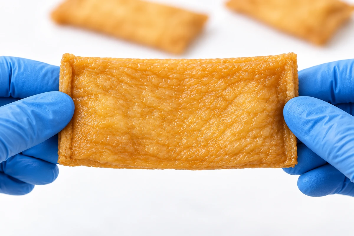Blue food-safe gloves holding a half-cut Seasoned Inari Tofu Pocket