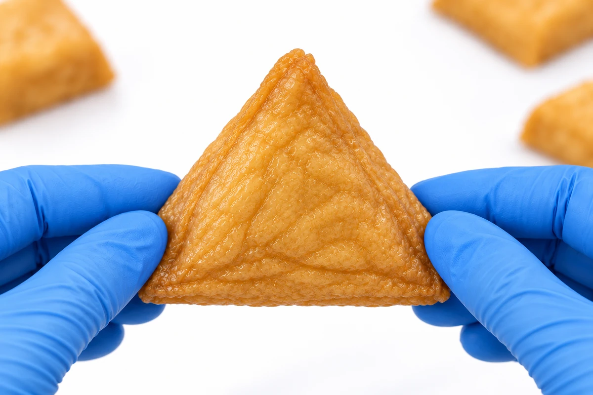 Blue food-safe gloves holding a closed triangular Seasoned Inari Tofu Pocket